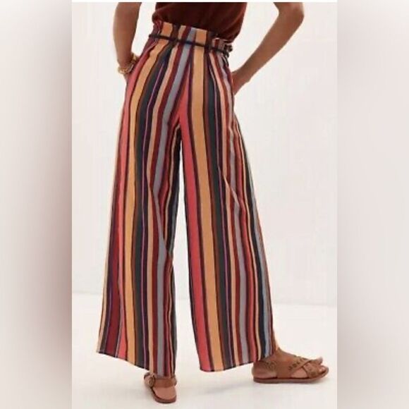 Farm Rio Anthropologie Striped  Wide Leg linen blend Pants Size NWT. M - Picture 2 of 10